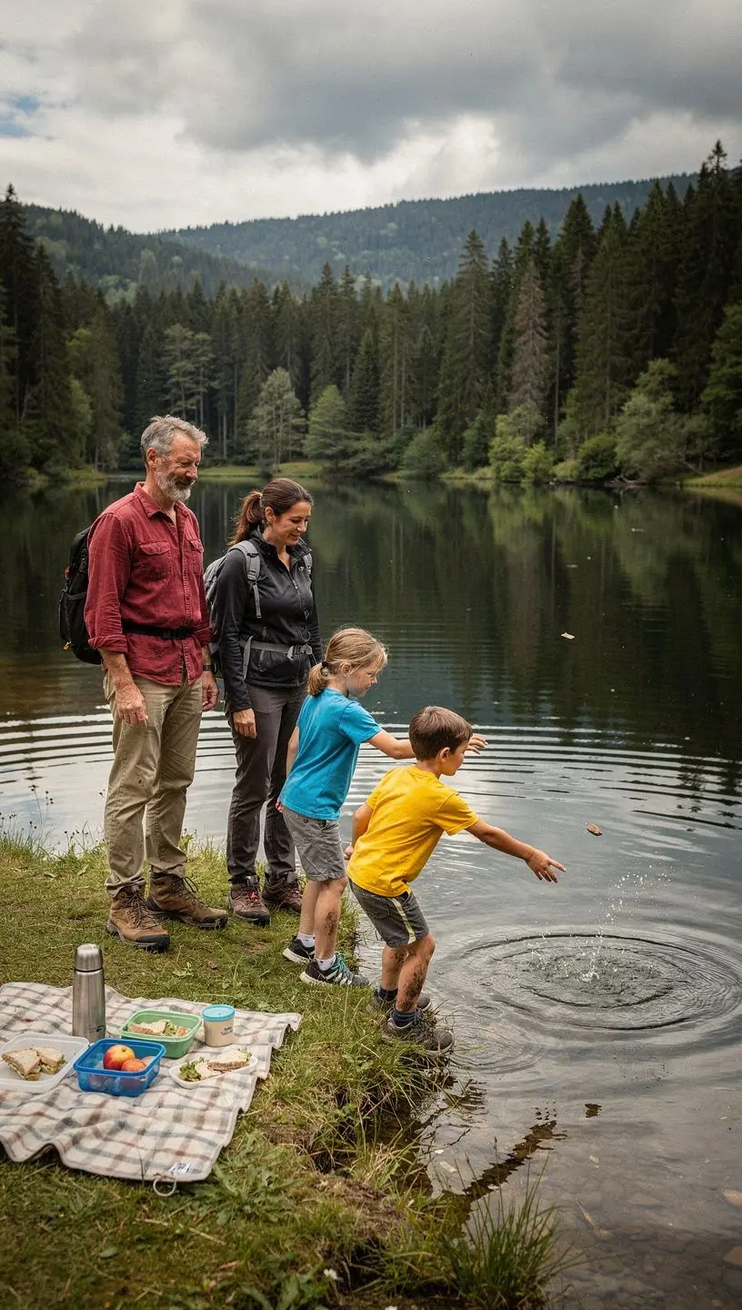 Ein atemberaubender Blick auf einen ruhigen See umgeben von Bergen und dichten Wäldern.